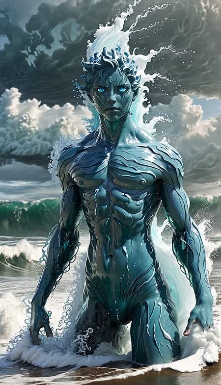 A water elemental emerging from the ocean, wind, water, foam, storm, humanlike shape, radiant eyes, sfw,  ,  full body<lora:add-detail-xl:1>