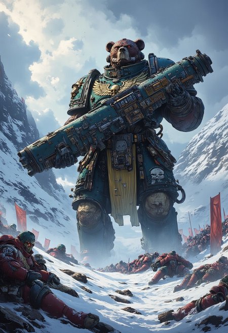 ((Dark fantasy art)) 
The image depicts a massive, humanoid bear standing in a snowy battlefield. The bear is dressed in dark fantasy armor and adorned with skulls, chains, and furs. holding large cannon Its imposing size and fierce expression suggest a dominant warrior. Surrounding the bear are fallen soldiers and debris, giving the impression of a fierce battle. Snow-covered mountains and a cold, stormy sky form the background, enhancing the dark, brutal atmosphere of the scene.