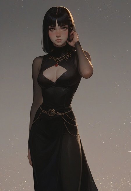 score_9, score_8_up, score_7_up, score_6_up, score_5_up, score_4_up, 1girl, sexy face, sexy, natural breasts, striking features, cinematic angle, gorgeous petite body, short fringe bangs, long hairstyle, long straight hair, long hair, dark hair, black clothes, cleavage cutout, full body portrait, detailed background, blush, raven, sexy pose