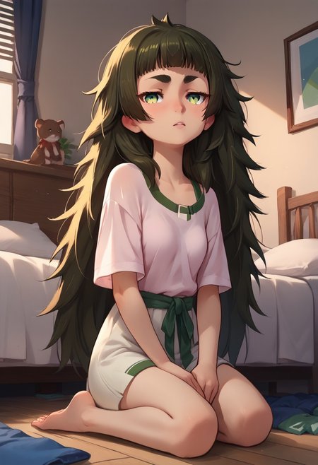 score_9, score_8_up, score_7_up, score_6_up, score_5_up, score_4_up, source_anime, BREAK, Expressiveh, solo, bedroom, kneeling, full body, hiyajou maho, messy hair,  green eyes
