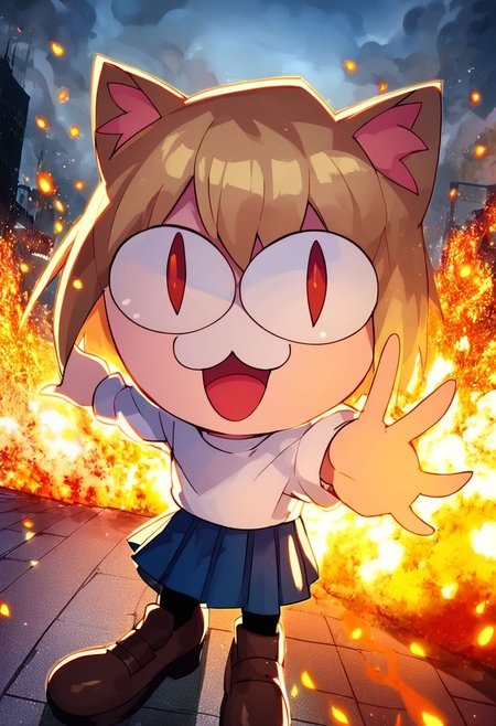 (Explosion, city background, happy expression, blonde hair, red eyes, slit pupils, cat ears, :3, chibi, happy expression, turtleneck, white shirt, blue skirt, pleated skirt, pantyhose, brown footwear, necoarc)
((Dynamic lighting, dynamic pose, high quality, detailed background, detailed photo, beautiful face, high resolution, nighttime, embers, smoke, Looking at viewer, reaching towards viewer, OverallDetail))
 score_8_up,score_9, score_7_up,