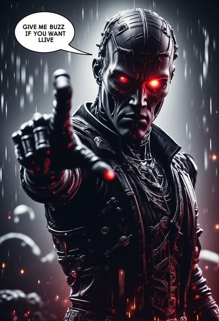 A realistic scene, The terminator, in leather clothing, one robotic red eye, reaching is left hand to the viewer, saying in a large speech bubble, "GIVE ME  BUZZ IF YOU WANT TO LIVE!", on the right hand holds a shotgun,