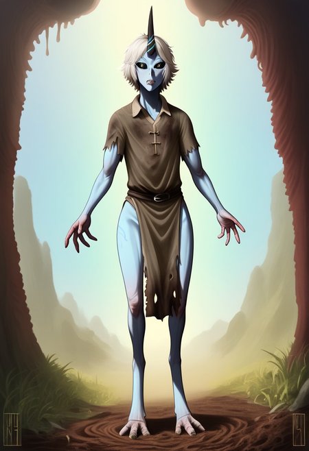 ((Alien humanoid)), solo, androgynous, aquatic features 
blue skin, ((webbed skin between fingers)),
((nostrils only, nostril slits, vertical nasal slits, narrow nostrils)):1.6, ((narrow eyes)), ((black sclera, black irises)), smooth skin,  pointy ears, small ears, tiny ears, holes in skin, forehead horn, short horn, veiny horn, ((single horn)):1.0, ((4 fingers)), fingernails, thin lips, ((white hair)), ((short hair, spiky hair)), sharp teeth, ((digitigrade legs)), bent legs,
full body shot
ragged clothes, muddy clothes, loincloth, tunic, dirty
Medieval style, fantasy style,
style: 4byss,
((Variety)):1.2
((dutch angle))
river background
fully clothed, loose clothing, clean lines, smooth colors, detailed fingers, sfw, source: semi-realistic, rating: pg, score: 8 up, score: 9