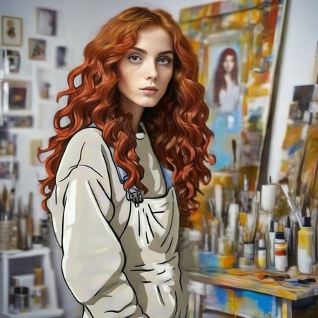 cartophoto studio photo of a painter artist with long curly red hair in a painting studio, very detailed, highly detailed <lora:cartophoto:1>