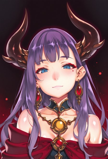 1girl, young girl, brown horns, long bull horns, golden amulet, blue eyes, purple hair, long hair,makeup, jewelry, earrings, red eyeshadows,
looking at viewer, eye contact, dark fantasy, high quality eyes,
 <lora:xxFSxxIL-style:1>,xxfsxx,masterpiece,best quality,amazing quality,