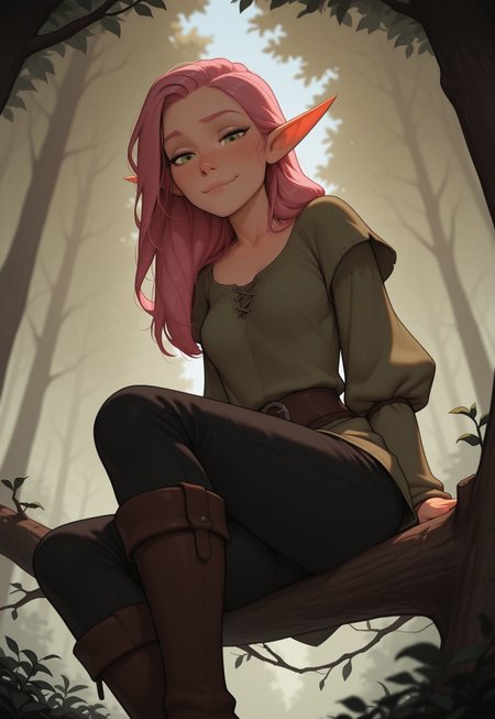 masterpiece, best quality, amazing quality, very aesthetic, DISNEY_ANIMATION, incoth, (incase:0.6), female, solo, (depth of field), medieval setting, forest, day time

elf, pink hair, green eyes, cute face, slender, small breasts, long hair swept to one side, short elf ears, short ears

Green shirt, black pants, leather boots

sitting on branch, looking at viewer, soft smile, view from below