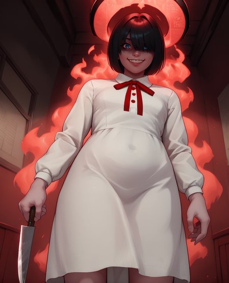 score_9,score_8_up,score_7_up,
hanakosanxl. blue eyes,white dress,red neck ribbon,black hair,bangs,shaded face,hair over one eye,looking at viewer,evil smile,
red evil aura,glowing red,abandoned japanese school,indoors,dark corners,red room,dim lighting,
from below,holding knife,
horror \(theme\),
<lora:hanakoSan:1>,