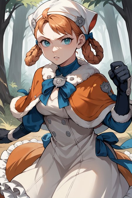 score_9, score_8_up, score_7_up, score_6_up, source_anime, BREAK 1girl, solo <lora:annette-pdxl-nvwls-v1-000005:1> hopesAnne, hair rings, braid, swept bangs, head scarf, orange capelet, fur trim, blue bow, white dress, frilled dress, black gloves, fighting stance, parted lips, serious, looking at you, forest
