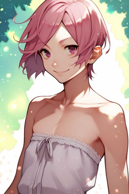 score_9, score_8_up, score_7_up, 1girl, kind smile, pink hair, swept_bangs, dark_brown eyes, flat chest,  glitter particles <lora:yoshio_(55level)_PonyXL_style_v01:1>