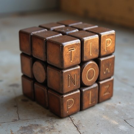 a bronze rubik's cube by S410CHURYO. 
upper line of the cube says "TIP".
middle line of the cube says "NOW".
bottom line of the cube says "PLZ".