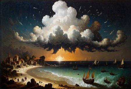 legendary landscape, beach, ocean, (cumulonimbus clouds:1.3), islands, sailboats  <lora:add-detail-xl:0.7> <lora:xl_more_art-full_v1:0.7>  <lora:sdxl/nicola_samori_dark_art_style:0.7> in the style of Nicola Samori