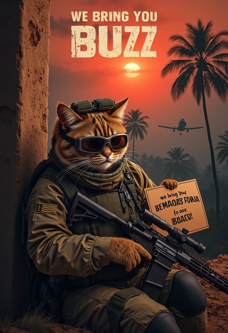A realistic picture of cat army operator sitting against wall  holding a cardboard sign that reads  "we bring you freedom for BUZZ". Overhead shot of the iconic orange Grumpy Cat reimagined as a battle-hardened American special forces in the ruined city in midle east, . Orange Cat, dressed in rugged Ghillie suit, tactical gear military gear with a helmet with night vision googles slightly askew, holds a modern 50. cal sniper rifle with a determined yet perpetually unimpressed expression. The ruined city  after war around him is dark and foreboding, with thick foliage, towering trees, and a misty atmosphere that hints at the dangers lurking within. In the background, A10 warthog soar above the treetops, their silhouettes barely visible through the smoky, war-torn red sky at Sunset. mouth is wide open, clearly shouting, "More BUZZ, we need more BUZZ!" is boldly displayed at the top, with a gritty, distressed font that echoes classic war movie posters. The overall tone of the poster is intense and surreal, combining the seriousness of a Gulf War epic with the humorous, deadpan attitude of Grumpy Cat. <lora:schnell_v1.0:0.8>