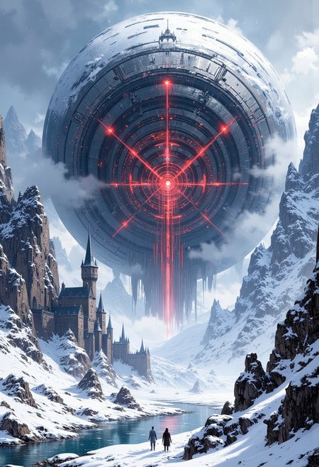 mythp0rt, ArsMJStyle, impressionism, morph of scifi and medieval smooth and sharp, ultra realistic ominous and dark, deep shadows , castle in the snowy wasteland, frozen river nearby, huge snowy mountaintops, huge core-like generator spherical radiates red energy, pale white skies clear, slight mist over the scene, wires and pipes coming out of the core structure, black moon,  frozen lake, mountains are square shaped and abstract, snow desolate space, snowflakes close to the camera, white lines in the sky, scene is white blue with touches of dark black, desolate, intricate and detailed, trending on artstation.