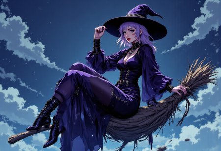 full body woman sitting on a horizontal flying broom shrouded in witch's costume. Atop her head sits a triangular witch hat, tall and imposing with a wide brim that casts mysterious shadows across her face. The hat is midnight black with subtle purple shimmer woven into the fabric, adorned with a tarnished silver buckle and wispy dark feathers along its base.
A fitted bodice of deep violet velvet hugs her torso, laced tightly with black satin ribbons that criss-cross down her front. The sleeves billow dramatically from shoulder to wrist, where they taper to pointed cuffs embellished with intricate silver embroidery depicting arcane symbols. Her floor-length skirt flows in layers of tattered black silk and sheer mesh, revealing glimpses of striped stockings and knee-high boots with pointed toes and silver buckles.  bending her knee. Around her shoulders drapes a frayed cape that appears to move with a life of its own, its edges dissolving into wisps of shadow. Her neck is adorned with multiple silver necklaces bearing strange pendants and crystals. Most striking is her face – undeniably beautiful with high cheekbones, porcelain skin, and mesmerizing eyes that seem to shift between emerald and violet. Yet her beauty is twisted by an unsettling smile that stretches too wide across her face, in  a grimace of sadistic pleasure. Her cold eyes only calculated malice and a predatory glint that suggests she's enjoying thoughts no sane person would entertain.anime,