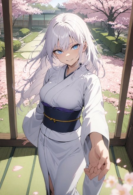 score_9, score_8_up, score_7_up, score_6_up, masterpiece, best quality, absurdres, cinematic, dynamic angle, perfect composition, solo, 1girl, medium breast, gojou satoru, blue eyes, white hair, long hair, kimono, cherry blossoms, sakura petals, Japanese garden, smirk, standing, looking at viewer,