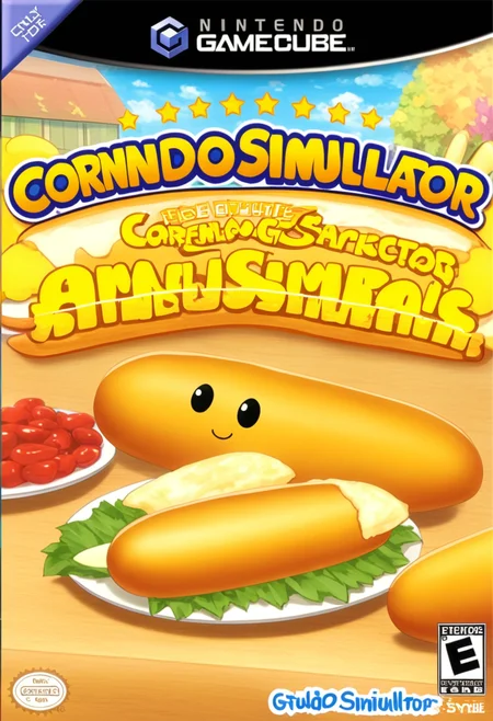 anime artwork <lora:GCNBoxArt:1> GCNBOXART, "corndog simulator", title, food_focus, no_humans, . anime style, key visual, vibrant, studio anime,  highly detailed