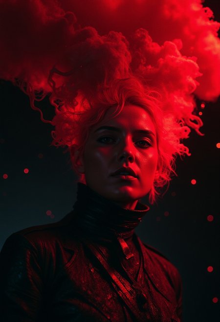 A hyperrealistic, cinematic close-up of an ethereal ghostly woman, wearing a high-collar military parka. Her face is pale and haunting, her eyes glowing faintly with supernatural energy. Her hair transitions into a ghostly translucent Red mane, floating upwards in a swirling, ethereal flow, as if made of spectral mist. The strands of her hair defy gravity, wafting like smoke towards the sky, adding a mystical aura around her. Thick, bold anime-style lines outline her figure, bringing vibrant energy to the eerie scene.
Small, illuminated circular lights float around her, amplifying her otherworldly presence. The deep blacks of the environment contrast starkly with the radiant white of her hair, while faint, glowing runes are etched into her parka, pulsing with dark, magical energy. The atmospheric haze intensifies the contrast between the dark, shadowy surroundings and the glowing elements on her figure. The scene feels charged with necromantic power, her ghostly essence on the verge of unleashing a burst of supernatural force. The raw emotion and power emanating from her create a striking, eerie visual in this sci-fi fantasy setting.