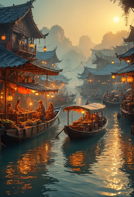 Floating market on Venus at dawn, masterpiece, fantasy, digital art, highly detailed, overall detail, atmospheric lighting, Awash in a haze of light leaks reminiscent of film photography,  awesome background, highly detailed styling,  studio photo, intricate details, highly detailed, cinematic,  <lora:MJ52:0.6>,