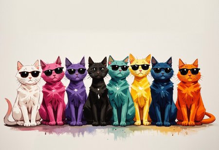 oil painting of 10 kittens in a row wearing sunglasses.They are white,pink,black,purple,blue,green,yellow,red,teal,crimson.
in the style of frank frazetta