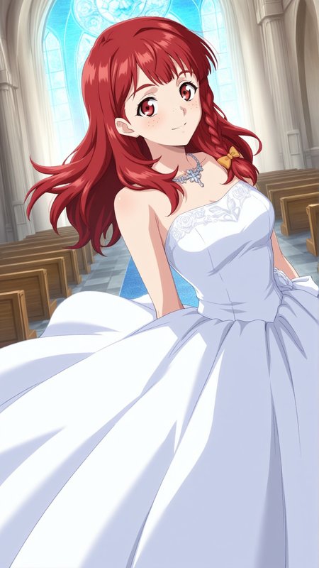 source_anime, general, best quality, masterpiece, 1girl,  <lora:Rosalie_Serue_ill_v1.0:1> rosalie_serue\(srw\), red eyes , red hair, freckles,braid, long hair, side braid, hair bow, wedding dress,chapel, dutch angle, dynamic pose,
