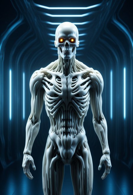 Ultra-detailed cyborg in a spaceship, with anthropomorphic cybernetic skeleton elements on metal armor, neon lights reflections, reflection mapping, intricate design and details, dramatic lighting, hyperrealism, photorealistic, cinematic, 8k --ar 9:16 --v 5