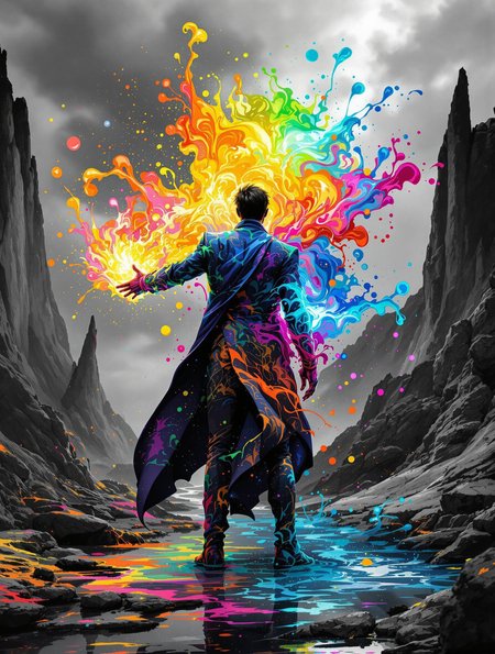 stylish man stands in the lower-left corner, he extends his arm forward, as the glowing paint erupts from his hand, it splashes onto the world before him, black-and-white landscape, monochrome, contrast grayscale and colored, vivid colors, professional photoshoot