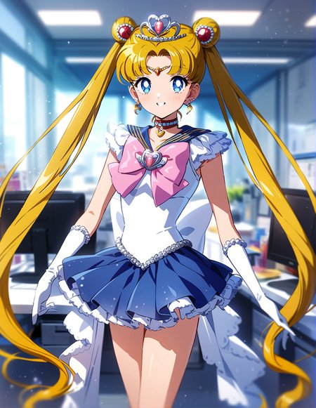 1girl, solo, <lora:sdxl-lyco-princess-sailormoon-animagine_xl_3_1-v1-apple:1>, princesssailormoon, double bun, twintails, circlet, earrings, frill, choker, tiara, bow, white leotard,gloves, miniskirt, standing  ,smile, best quality, very aesthetic, ultra-detailed, intricate details, 4k,, newest, (retro:-1.0) ,(1990s:-1.0), BREAK  in an office cubicle