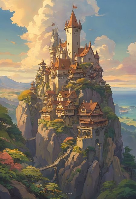 (studio ghibli drawing), (studio ghibli painting),best quality, masterpiece, extremely detailed,  professional  art,  professional painting, an extremely delicate and beautiful, dynamic,  great lighting, perfect shading, professional shading, depth of field,   side soft light, elegant, gorgeous, highly detailed,   full shot, uncropped,   pure genious, absolutely perfect,  highly detailed, breathtaking,  a giant and sheer cliff face with a town built into it, lots of different dwellings, fantasy, sunset