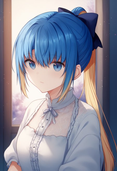 haiselita, score_9, score_8_up, score_7_up, 1girl, solo, light particles, two-tone hair, blue eyes, dress, upper body, hair bow, long ponytail, indoors<lora:kazutake hazano xl 034:1>