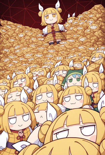 masterpiece, best quality, amazing quality, very aesthetic, absurdres,newest, highres, 4k,8k,Ultra HD, extremely detailed,,
BREAK 
(chibi, joutouguu mayumi fumo, many fumo, too much fumo, low poly art, geometric shapes),,
BREAK
deep dark red simple background, cyberpunk style skyscraper in background, (Haniyasushin Keiki's upper body in background)