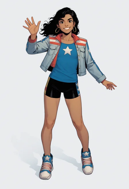 score_9, score_8_up, score_7_up, BREAK,
1girl, amechavez, black hair, dark skin,
bike shorts, blue shirt,  hoop earrings, jacket, open jacket, sneakers, star print,
smile, waving, standing, looking at viewer, solo, simple background, white background     <lora:AmericaChavezXL:1>
