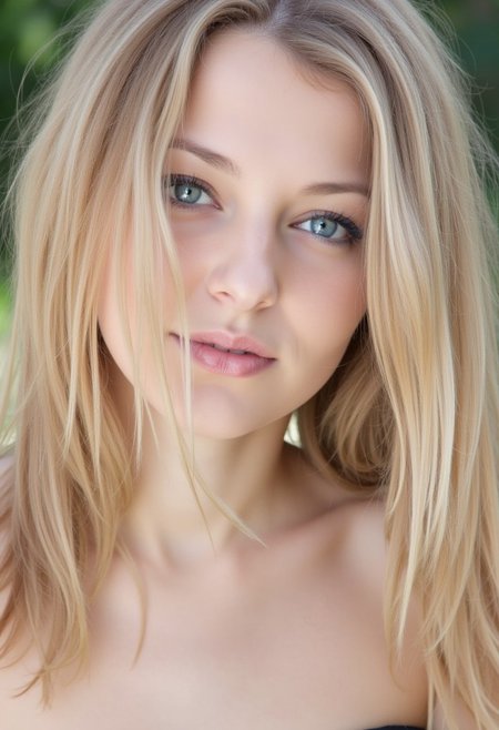 a highly detailed, high-resolution photograph of a young woman with strikingly pale skin and long, flowing blonde hair. Her hair red is voluminous and tousled, cascading over her shoulders and framing her face. She has an intense, almost otherworldly gaze with her light blue eyes, which are accentuated by long lashes and minimal makeup, giving her an ethereal appearance.