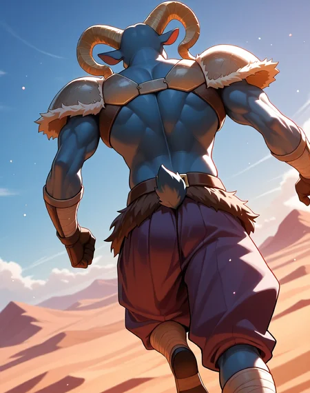 <lora:Moro_2nd_Form_(Dragonball_Z)_(Illustrious)_(AD):1.3> Moro, muscular, goat,
dutch angle, exterior, desert, sky with detailed clouds,
male focus, gradient coloring, solo, cowboy shot, bent leg, perfect proportions, goat head, blue body, soft shading, evil smirk, old, wrinkles, white beard, back view, butt, brown fur pauldrons, brown fur waist, , 
BREAK very awe, aesthetically pleasing, masterpiece, best quality, amazing quality, very aesthetic, perfect depth of field shot, in'ei, furry_art, source_furry, source_anime,
EZRealPONYXL, zPDXL, Smooth Quality, lazympos, IllustQualXL_Pos,
