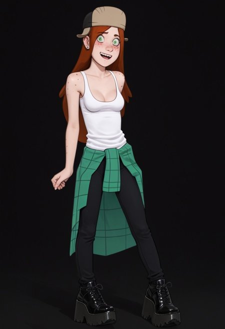 score_9, score_8_up, score_7_up, (ultra HD quality details), 
dark background, 
standing, posing for photo, looking at viewer,
1girl, Wendy, medium breasts, 
purple eyes, cute nose,
long red hair, hat,
green eyes, white sclera,
freckles,
long thin legs,
white tank top, jewelry, sweater around waist, black pants,
black platform shoes,
blushing, nervous,