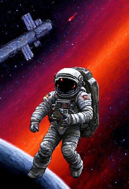 w1ngc0mmander, pixel art,
A determined astronaut in a sleek spacesuit floats near a massive space station orbiting a colorful nebula. Starry background, futuristic technology, helmet reflection, extreme close-up, portrait.