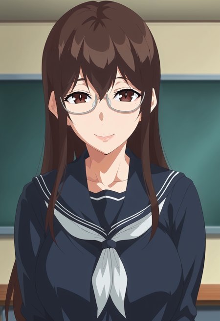 <lora:Touko_Sakuramachi-Succubus_Stayed_Life:0.8>,1girl,solo,mm,glasses,long hair,brown hair,brown eyes,breasts,mole under eye,serafuku,school uniform,looking at viewer, smile,indoors,upper body,