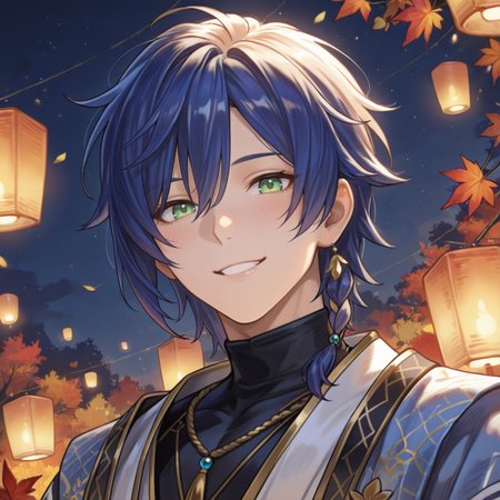 (masterpiece, best_quality, ultra_detailed, hyperrealistic, cinematic lighting, glowing lanterns, joyful atmosphere, soft focus, warm golden glow, stunning facial details, hair gently tousled, autumn leaves drifting, rich background depth, painterly portrait, timeless beauty, soft_blurred_edges, luminous skin, expressive features)
Setting: A bustling night festival, paper lanterns floating high above, their golden glow reflecting in his green eyes. Cherry blossoms and red maple leaves drift in the wind, the air thick with the scent of incense and sweet sake.
Pose & Action: Delos stands beneath the lanterns, mid-laugh, his head slightly tilted back, shoulders shaking softly from whatever amused him in the moment. His hands are raised slightly, adjusting his flowing silk robe, a glimpse of gold embroidery catching the firelight.
Expression: His laughter is genuine, fleeting, his eyes crinkled with warmth, his lips curved in the most radiant, unguarded smileâa rare moment of joy captured forever.
Angle: A natural, candid close-up, slightly tilted angle, making it feel intimate, as if the viewer caught him in a private, beautiful moment.
ð¥ Tags: noctilucent_delos, 1boy, male_focus, blue_hair, single_braid, green_eyes, black_turtleneck, gold_embroidery, blue_and_white_robe, open_sleeves, braided_gold_accents, decorative_sashfestival_night, glowing_paper_lanterns, laughing_expression, engaging_smile, warm_autumn_lighting, joyous_moment, golden_aura, expressive_face, cinematic_portrait, detailed_skin, rich_festival_background, celebratory_feeling.
<lora:Style_4k-data_lora_webui:0.5>, <lora:NoNameStyleVPRED10:0.4> nonamestyle <lora:Noctilucent_Delos:0.8>