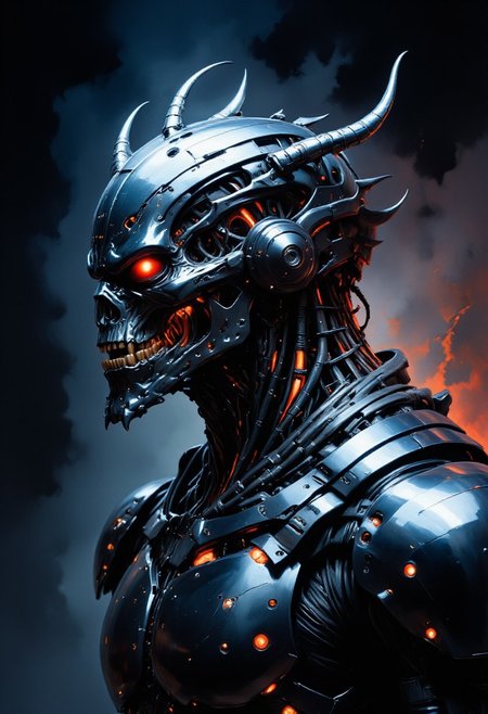 A close-up, cinematic profile of a towering futuristic death knight, his helmet and shoulder pauldrons the epitome of dark, industrial design. His helmet, crafted from matte black, reflects no light, its surface jagged and engraved with cryptic, glowing red runes. The helm has a sharp, angular design, almost insectoid in its menacing form, with two large spikes jutting out from the crown like horns, suggesting the brutality of a cursed, fallen hero. His broad, imposing shoulder pauldrons are crafted from darkened, heavy metal, interlaced with carbon fiber and accented with flickering crimson lights that reflect the aggressive energy of his presence. These pauldrons seem almost alive, reacting to the surrounding atmosphere as if powered by a dark, malevolent force. Glowing veins of dark energy pulse along the contours of his armor, radiating from the joints and creating an eerie contrast against the ominous, shadow-drenched landscape behind him. His posture is rigid, and the dark aura surrounding him distorts the air, creating a faint shimmer as if reality itself recoils from his presence. A subtle hum of power emanates from his gear, suggesting a terrifying mix of ancient dark magic and futuristic technology. The entire scene is steeped in high contrast: sharp shadows and streaks of electric red light, reflecting the knight’s undeniable power and ominous, unyielding nature.