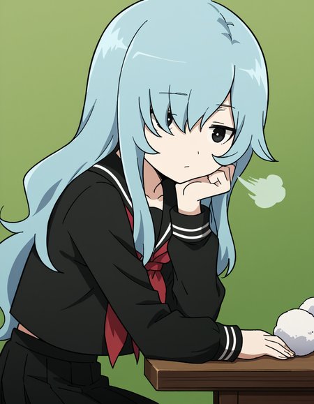 score_9, score_8_up, score_7_up, source_anime, <lora:mero-furuya-s1-ponyxl-lora-nochekaiser:1>, mero furuya, black eyes, blue hair, hair over eyes, sidelocks, long hair,, school uniform, serafuku, long sleeves, neckerchief, red neckerchief, skirt, black skirt, pleated skirt, black shirt, black sailor collar, black serafuku,, snow day, winter clothes, snowball fight, laughter, cold breath, white landscape, , , sitting, elbow rest, table,, solo,, dutch angle,