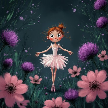 A whimsical illustration of a tiny ballerina in dark whimsical art style, wearing tutu and ragged pointe shoes, standing among pink peonies and purple thistles, digital painting with expressive brushstrokes, twilight meadow background, characteristic Tim Burton inspired design with dreamy eyes