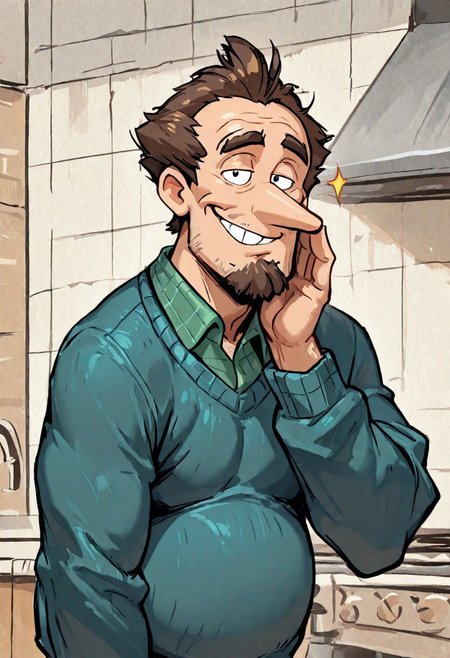masterpiece, best quality, amazing quality, very aesthetic, absurdres, newest,  high quality, detailed, LynnLoudSr, 1boy, source_cartoon, male, solo male, human, broad shoulders, mature male, long nose, black eyes, cartoon style, brown hair, receding hair, belly, bottom heavy, turquoise sweater, green collared shirt, half body, looking at viewer, smiling, kitchen background