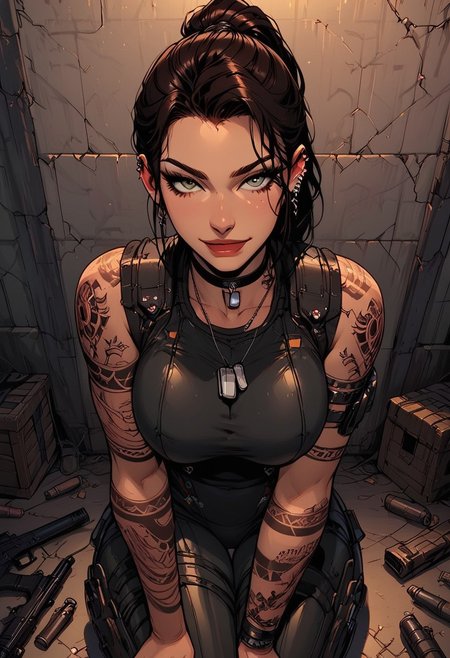 Score_9, Score8_up, Score_7_up, (((High Resolution, Best Quality))), 
1girl, solo, toned arms, sleeveless, Covered in Tattoos, neck tattoos, hair tied up, 
futuristic, futuristic armor, lights on bodysuit, armored suit, body armor, armor, plated armor, revealing bodysuit, tight bodysuit, tactical, military gear, large breasts, choker, dog tags, ear piece, 
seducing, seductive, flirty, tender, loving, playful, looking at viewer, smug, seductively posing, 
Sitting on ground, leaning against wall, relaxed, leaning back, arm resting on knees, arm on knee,
inside, Military, military base, military barracks, cots, crates, military boxes, guns, bullets, supplies, armory,