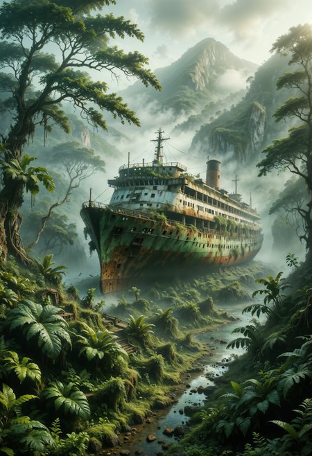 Photorealistic drone photo of a mountain slope covered in dense vegetation with a mist of humidity. Among the greenery, the outlines of a massive, aged, and rusty cruise liner are visible. The scene is epic and mysterious, reminiscent of the X-Files, with the overgrown jungle partially obscuring the ship. The atmosphere is eerie and captivating, with the mist adding a sense of intrigue and otherworldliness. The lush green foliage contrasts with the decaying, rusted structure of the cruise liner, creating a surreal and enigmatic visual.
<lora:add-detail-xl:0.35> <lora:MJ52:0.18> <lora:ral-anmwrlds-sdxl:0.3> ral-anmwrlds <lora:ral-porcelain:0.4> ral-porcelain <lora:ral-cltc:0.1> ral-cltc <lora:ral-dissolve:0.25> ral-dissolve <lora:zavy-mthcl-sdxl:0.2> <lora:SDXLFaeTastic2400:0.2>  <lora:WildcardX-XL-Detail-Enhancer:0.5>