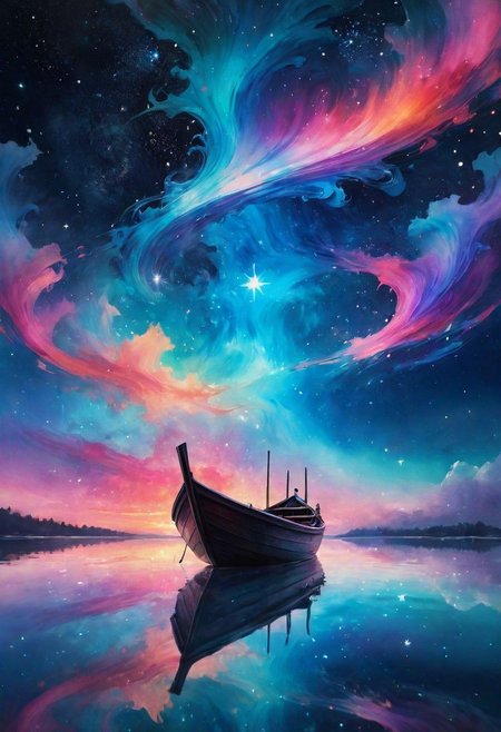 amazing watercolor painting  award winning, ((a boat floating on top of a body of water under a sky filled with stars, trending on cgsociety, fantasy art, colorful sunset, stars are hidden in the eyes, fantasy. gondola boat, gazing off into the horizon, stars and paisley filled sky, sunny rainbow galaxy stormy sea, wanderer, starry sky 8 k)), photo is taken with a Canon EOS R5 and a Canon RF 100-500mm f/4.5-7.1L IS USM lens, ultra high quality, ultra high detailed ,Stained Glass, snowflake textured Glas, colored glass pieces, product scene, translucent, transparent, glass orb, black haze, blue haze, red haze, paths, patched planet, stars, saturn planet, snow, earth planet ,Surreal Harmony, yamer style, SLPASHTER_3-7000, Gorgeous splash of vibrant paint, paintmgc, colorful paint, Colorsplash