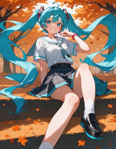 score_9,score_8_up,score_7_up,score_6_up,
hatsune miku,sailor,bare_legs,black_loafers,sailor_dress,smile,loose_belt,o-ring,checkered_skirt,long_skirt,<lora:potg-000008>,potg,close-up,solo_focus,(face_focus:1.2),
(waterfall:0.7),ripples,intense shadows,in autumn,