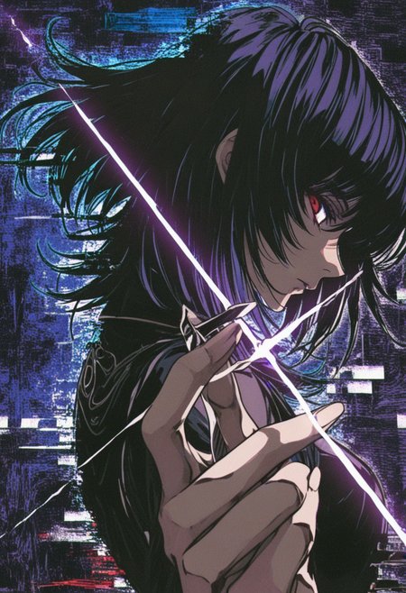 nj \(aura\),  ,by ibuki satsuki, medium hair, wolf cut, fingers through hair,, depth, profile, glint, hair flip, foreshortening, glitch art, abstract composition, ink style, ligne claire, outline, vibrant, very awa, masterpiece, best quality, high quality, newest, recent, year 2024, absurdres, clean lines, shinydark_fantasy_style, dark fantasy, retro,