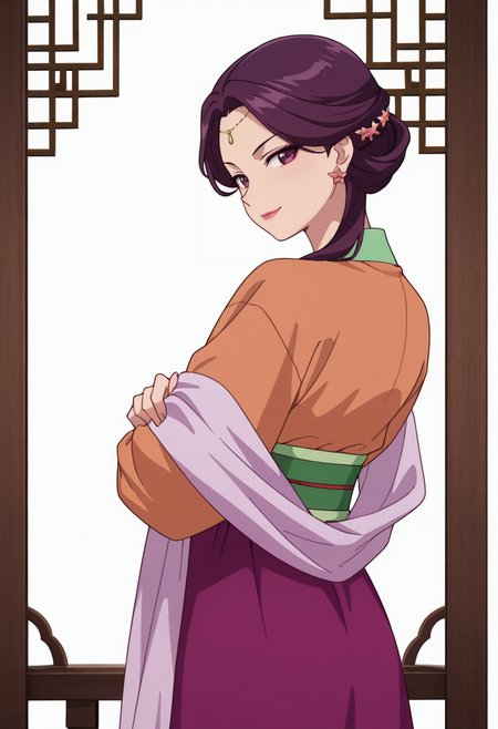 Smooth Quality,masterpiece,very intricate, high quality details, ultra realistic, high detailed skin,detailed enviorement,absurdres,
partially undressed, 
 <lora:Yinghua_CNR:0.8> yinghuacnr, purple hair,  purple eyes, yinghua_orange_cnr, hanfu, japanese clothes,long sleeves, sash, shawl,earrings,hair ornament, makeup, lipstick,, simple background, white background, from behind,
standing, arms crossed, head tilt, serious, balanced stance, confident,  ,seductive smile,