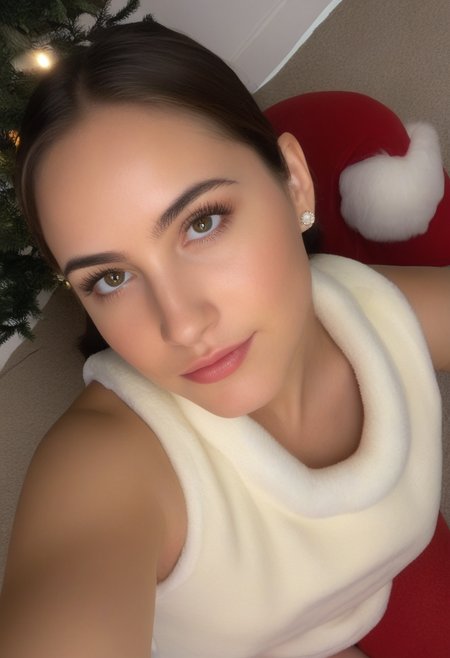 8K photography, (SUBJECT), save content, sfw, highly detailed, mate skin, (dimmed light:1.4), (uniform tan:1.1), (dark-red silky lipstick:1.1), (brash makeup:1.6), face focus, sharp focus, sharp lines, high resolution face, selfie, from above, ralistic skin, dynamic pose, <lora:Citizen_female_02_Half-Life_2_PONY:1.0>, 1girl, female_02, 1girl, young girl, solo, brown eyes, high detailed brown eyes, ultra high quality clothes, long eyelashes, pupils, (an unobtrusive smile:0.6), <lora:detailxl:1>, night, detailed background, ruined walls, <lora:Body Type_alpha1.0_rank4_noxattn_last:-0.8>, flat chest, <lora:xmasdr3ss:1>, xmasdr3ss, gloves, elbow gloves, white leggings, fur, red gloves, (santa costume:1.2), Christmas atmosphere, Christmas decorations, santa hat, christmas tree, gift boxes, the backyard, <lora:detailed_eye_model:1>, detailed_eyes_model, stud earrings, perfect eyes, <lora:clothing_slider_v19_000000030:4.0>,