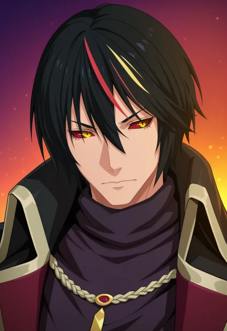 masterpiece, best quality, intricate details, (3d:0.4),, 1boy, solo, male focus, <lora:diablo_tensura_ilxl:0.9>, diablo_tensura, black hair, yellow eyes, multicolored hair, streaked hair, red hair, hair between eyes, colored sclera, ,