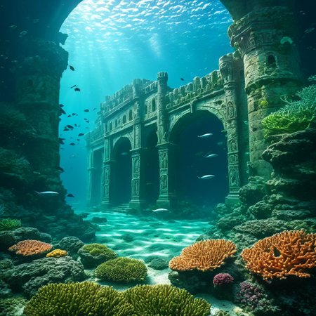 **amazing digital artwork** depicting an underwater fantasy landscape where sharks is chasing fish swarm crowded underwater castle life Coral's under plants with long leaves entrance to secret garden, tiny fishes  shadow of warrior. The scene unfolds in a dreamlike realm, where the **ruins of ancient civilization** emerge from the depths. This ancient underwater civilization is captured in stunning detail, with **coral-covered columns** and **stone arches** that hint at its former glory. The artwork should convey a sense of mystery and timelessness, inviting the viewer to explore the **sunken secrets** of this once-majestic city."
This picture is designed to inspire the creation of a captivating and immersive underwater scene, rich with the lore of Atlantis. dark, chiaroscuro, low-key, catastrophe, ruined, collapsed, flooded